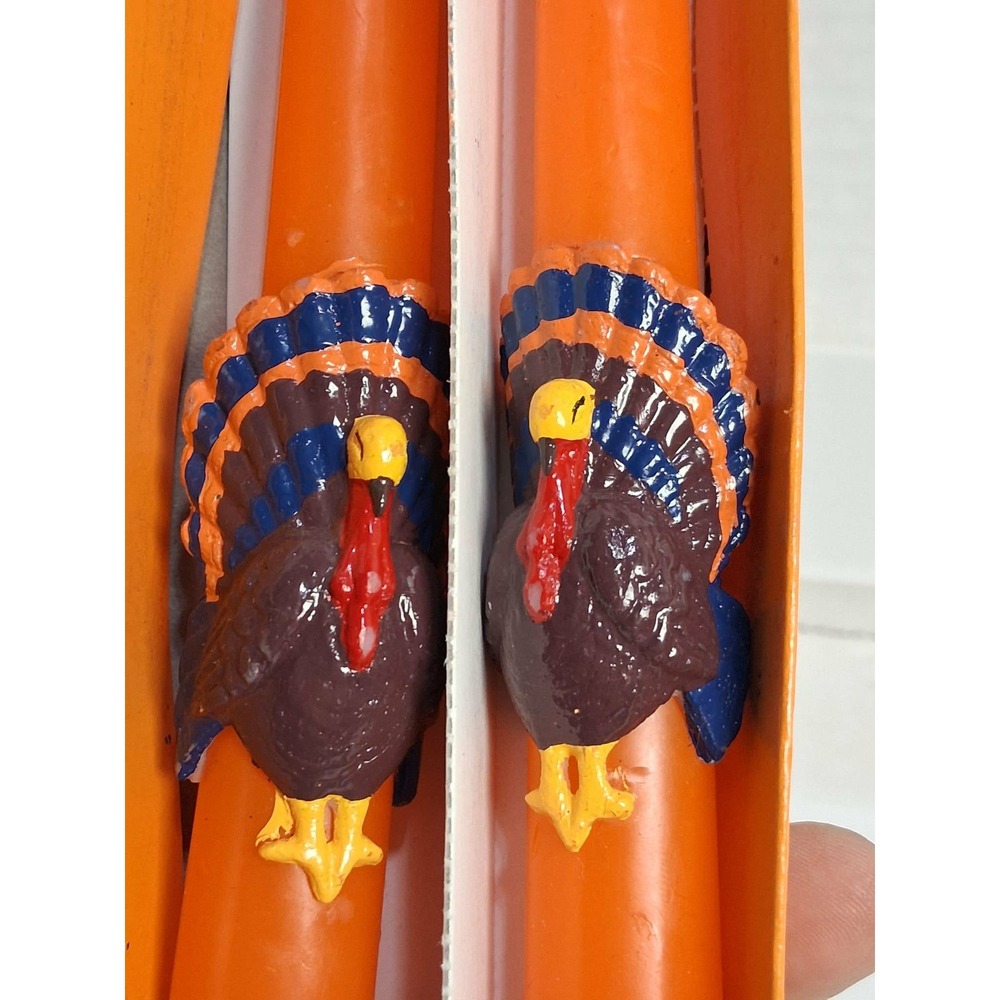 Hand‎ Painted Sculpted Turkey Candles 10 Inch Orange Thanksgiving Decor Set of 2